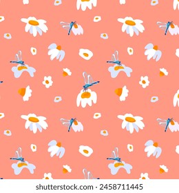 Seamless pattern wild wildflowers daisy dragonfly Garden flower graphic card Red poster banner Spring summer fabric clothing Coral backdrop packaging wallpaper Template textile cover