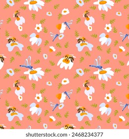  Seamless pattern wild wildflowers daisy dragonfly Garden flower graphic card Red poster banner Spring summer fabric clothing Coral backdrop packaging wallpaper Template textile cover