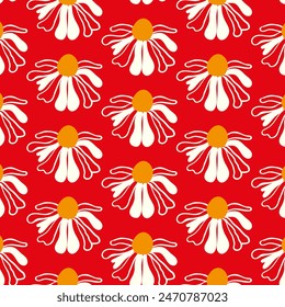  Patrón sin fisuras flores silvestres margarita libélula tarjeta gráfica de flores de jardín Póster rojo Anuncio de tela de primavera de verano Embalaje adecuado Plantilla de Fondo de pantalla cubierta textil