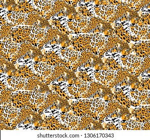 Seamless pattern with a wild yellow leopards. Textile composition, hand drawn style print. Vector illustration.