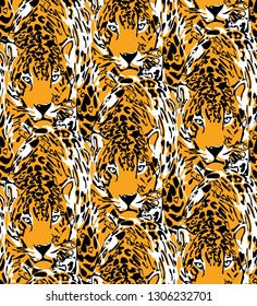 Seamless pattern with a wild yellow leopards. Textile composition, hand drawn style print. Vector illustration.