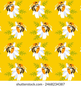 Seamless pattern wildflower daisy bee Plant flower graphic card Yellow poster banner Spring summer fabric clothing backdrop packaging wallpaper Template textile cover