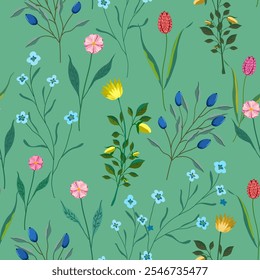 Seamless pattern with wildflowers in 2d modern style. Print for wallpaper and fabrics. Harmonious color scheme. Stylish vector.