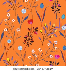 Seamless pattern with wildflowers in 2d modern style. Print for wallpaper and fabrics. Harmonious color scheme. Stylish vector.