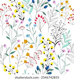 
Seamless pattern with wildflowers in 2d modern style. Print for  fabrics. Harmonious color scheme. Stylish vector.