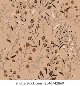 
Seamless pattern with wildflowers in 2d modern style. Print for  fabrics. Harmonious color scheme. Stylish vector.