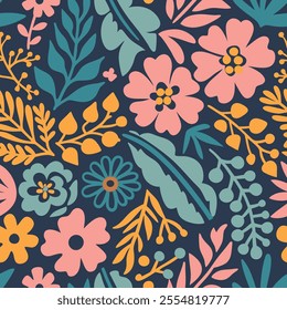 Seamless Pattern of wildflowers. Abstract botany colorful flowers background.Vector illustration design.