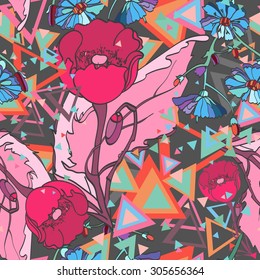 Seamless pattern with wildflowers. Abstract summer texture with chicory, poppies and triangles