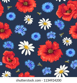 seamless pattern with wildflowers and bees 