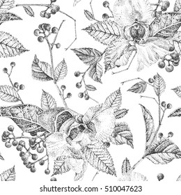 Seamless pattern with wildflowers. Black and white. Vector monochrome illustration. Composition with floral elements. Pointillism style.