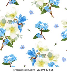 Seamless pattern with wildflowers. Blue iris, forget-me-not and anemone. Stock vector illustration on a white background.