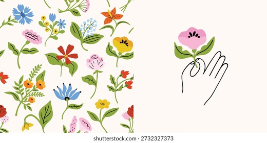 Padrão sem emenda com flores silvestres, flores modernas brilhantes, margaridas, folhas pequenas, repita o padrão infinito, estilo simples doodle. A vibração romântica do país. Papel de embrulho, têxteis ou papel de parede. Vetor.
