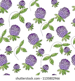 Seamless pattern with wildflowers. Clover. Infinite texture for the design of the season. Paper, textiles, packaging. Handmade. Vector illustration, floral ornament.
