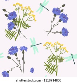 Seamless pattern with wildflowers cornflowers, tansy and dragonflies. For decoration of textiles, packaging and web design. Vector illustration.
