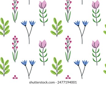 Seamless pattern with wildflowers in doodle style. Vector illustration for textile, wrapping paper, print, background, wallpaper. Hippie flower power retro textile print.