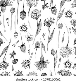 Seamless pattern with wildflowers, dragons, cockerels. Summer flowers in different angles. Manual graphics liner and mascara. For textiles, design, scrapbooking, templates, for cosmetics