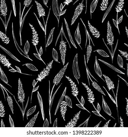 Seamless pattern with wildflowers, dragons, cockerels. Summer flowers in different angles. Manual graphics liner and mascara. For textiles, design, scrapbooking, templates, for cosmetics
