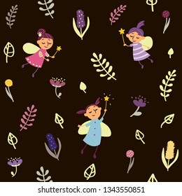 seamless pattern of wildflowers and fairies in doodle style on dark background vector