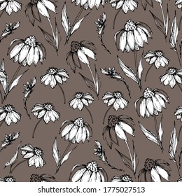 Seamless pattern with wildflowers, garden daisy flowers, chrysanthemums. Background for children and adults with beautiful delicate daisies, chrysanthemums in different positions. manual graphics. 