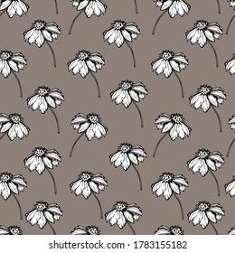 Seamless pattern with wildflowers, garden daisy flowers, chrysanthemums. Background for children and adults with beautiful delicate daisies, chrysanthemums in different positions. manual graphics. 