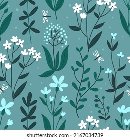 Seamless pattern with wildflowers, herbs and dragonflies. Simple hand drawn style.