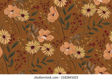 Seamless pattern with wildflowers, herbs on a brown field. Autumn botanical background, retro style floral print with hand drawn plants, large flowers, leaves, herbs. Vector illustration.