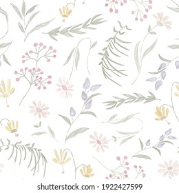 Seamless pattern with wildflowers and herbs.Vector illustration with traced strokes plants in delicate colors on a white background.