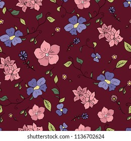 Seamless pattern with wildflowers.  Infinite texture for the design of the season. Paper, textiles, packaging. Handmade. Vector illustration, floral ornament.
