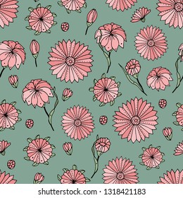 Seamless pattern with wildflowers. Infinite texture for the design of the season. Paper, textiles, packaging. Handmade. Vector illustration. Floral ornament.
