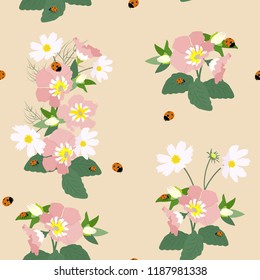 Seamless pattern with wildflowers and ladybugs. For decorating textiles, packaging, covers, web design.