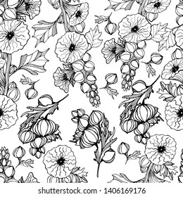 Seamless pattern with wildflowers of Malwa, hand draws with ink coloring book. Delicate and romantic floral design elements, perfect for prints and patterns. Textiles, wrapping, wallpaper, stock 