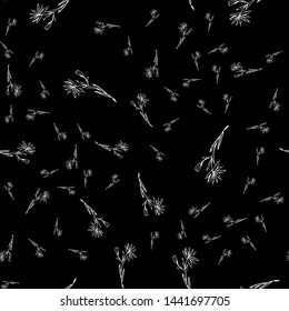 Seamless pattern with wildflowers on black background for print design. Print, design element. Seamless floral pattern. Fashion vector illustration. Summer background.