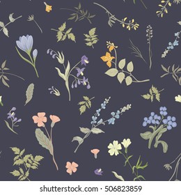 Seamless pattern with wildflowers on a black background.