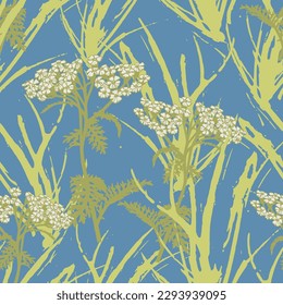 Seamless pattern with wildflowers on a blue background. Floral backdrop. Vector illustration for fashion print.