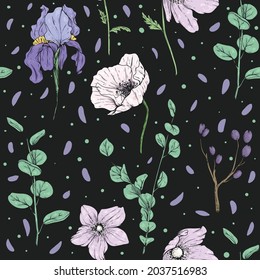 Nahtloses Muster mit Wildblumen auf dunklem Hintergrund