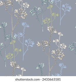 Seamless pattern with wildflowers on a grey-blue background. Floral backdrop. Vector illustration for fashion print, wallpaper.