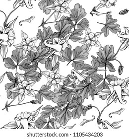 Seamless pattern with wildflowers on white background. Beautiful vector field blossom. White and black flowers monotone style.