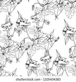 Seamless pattern with wildflowers on white background. Beautiful vector field blossom. White and black flowers monotone style.
