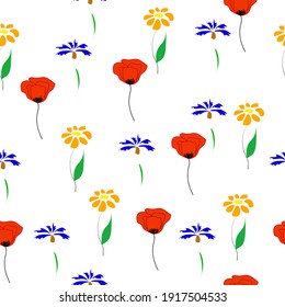 Seamless pattern wildflowers on white background. Cute girls floral romantic print. Poppies, chamomile and cornflowers wall paper, vector design eps 10