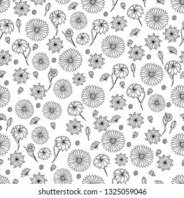 Seamless pattern with  wildflowers. Paper, textiles, packaging. Handmade. Vector, floral ornament. Print for bed linens, fabric, textiles, wallpaper, greeting cards, wrapping paper, gift box 
