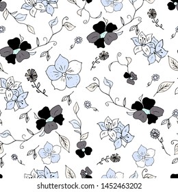 Seamless pattern with  wildflowers. Paper, textiles, packaging. Handmade. Vector, floral ornament. Print for bed linens, fabric, textiles, wallpaper, greeting cards, wrapping paper, gift box 
