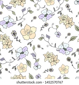 Seamless pattern with  wildflowers. Paper, textiles, packaging. Handmade. Vector, floral ornament. Print for bed linens, fabric, textiles, wallpaper, greeting cards, wrapping paper, gift box 
