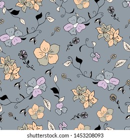 Seamless pattern with  wildflowers. Paper, textiles, packaging. Handmade. Vector, floral ornament. Print for bed linens, fabric, textiles, wallpaper, greeting cards, wrapping paper, gift box 