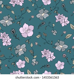 Seamless pattern with  wildflowers. Paper, textiles, packaging. Handmade. Vector, floral ornament. Print for bed linens, fabric, textiles, wallpaper, greeting cards, wrapping paper, gift box 