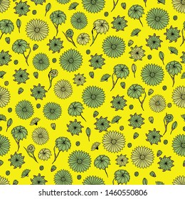 Seamless pattern with  wildflowers. Paper, textiles, packaging. Handmade. Vector, floral ornament. Print for bed linens, fabric, textiles, wallpaper, greeting cards, wrapping paper, gift box 
