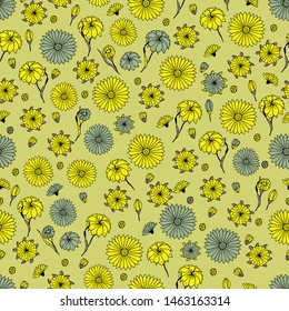 Seamless pattern with  wildflowers. Paper, textiles, packaging. Handmade. Vector, floral ornament. Print for bed linens, fabric, textiles, wallpaper, greeting cards, wrapping paper, gift box 
