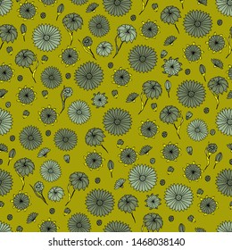 Seamless pattern with  wildflowers. Paper, textiles, packaging. Handmade. Vector, floral ornament. Print for bed linens, fabric, textiles, wallpaper, greeting cards, wrapping paper, gift box 