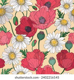 Seamless pattern with wildflowers poppy and chamomile, floral background. Vector illustration