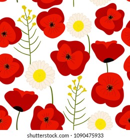 Seamless pattern with wildflowers. Red poppies and chamomiles.