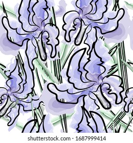 Seamless pattern Wildflowers. Roses, lilies, tulips. Line art. Watercolor stains and colors. Vector illustration